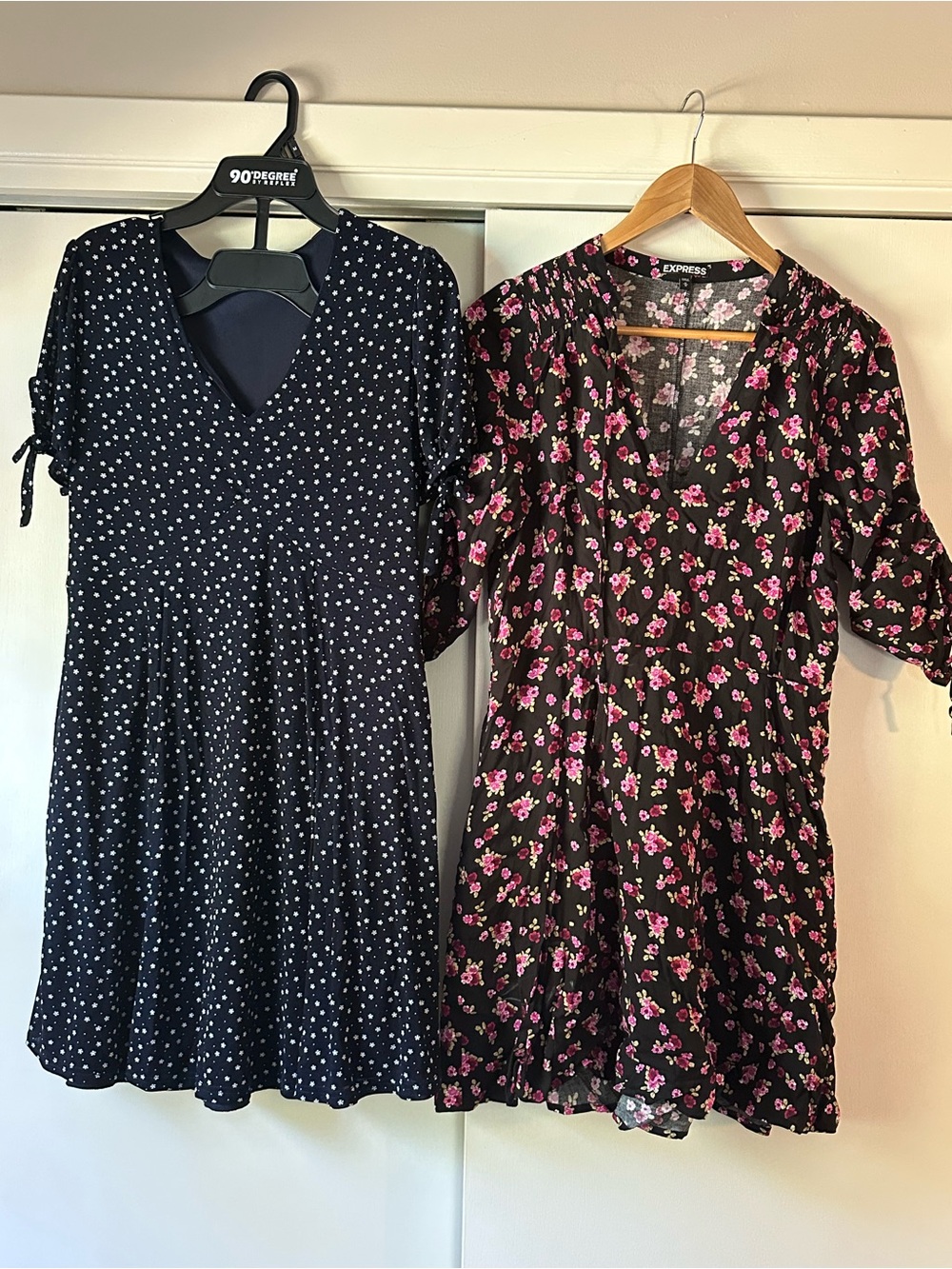Polka Dot Navy V-Neck Dress & Express Floral Black Pink Dress - Two-Pack